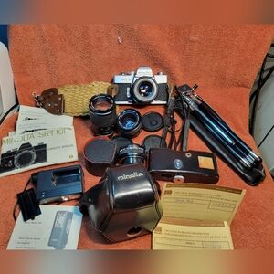 Minolta SRT-101 35mm Film Camera w/ 3 Lenses, Flash,  & Tripod Manuals – Vintage
